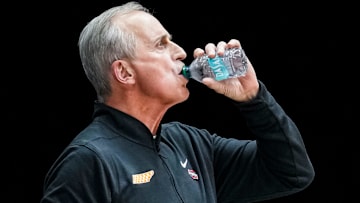 Tennessee Volunteers head coach Rick Barnes takes a drink of water Friday, March 28, 2025, during the NCAA Tournament Sweet 16 game at Lucas Oil Stadium in Indianapolis.