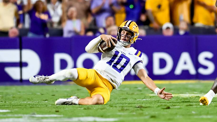 LSU quarterback Sam Leavitt slides during the Tigers’ game against Texas A&M.