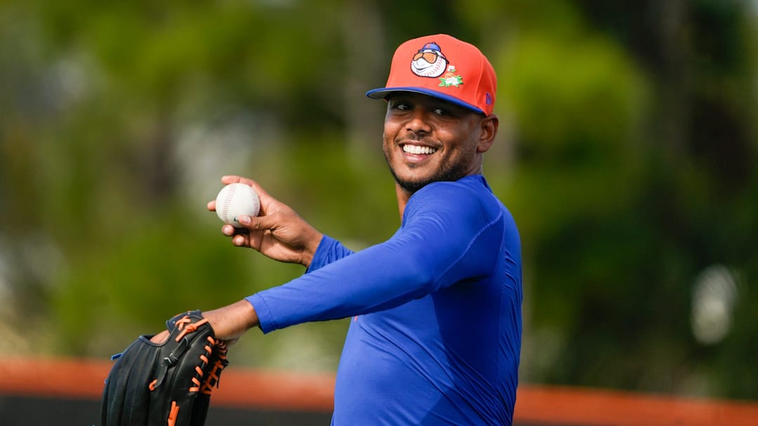 The New York Mets starting pitcher Freddy Peralta throws during spring training on the back fields of Clover Park on Feb. 11, 2026, in Port St. Lucie.