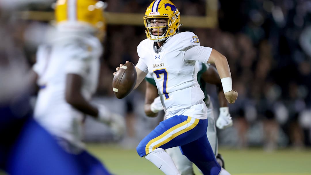 Grant quarterback Luke Alexander looks downfield for a receiver.