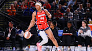 May 28, 2025; Washington, District of Columbia, USA; Washington Mystics forward Kiki Iriafen (44) dribbles the ball in the second quarter against the Indiana Fever at Entertainment & Sports Arena. Mandatory Credit: Emily Faith Morgan-Imagn Images