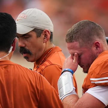 Sep 14, 2024; Austin, Texas, USA; Texas Longhorns quarterback Quinn Ewers (3) leaves a game against the UTSA Roadrunners early in the second quarter at Darrell K Royal–Texas Memorial Stadium. Mandatory Credit: Sara Diggins/USA TODAY Network via Imagn Images