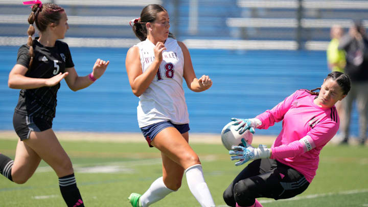 Canyon Randall goaltender Jani Contreras stops a shot from Lillian Sandoval of Wimberley at the UIL Soccer State Championships in at Birkelbach Field in Georgetown Wednesday April 10, 2025.
