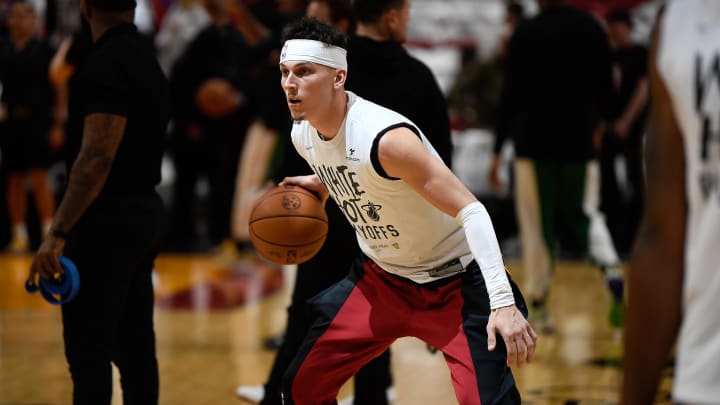 Apr 29, 2024; Miami, Florida, USA; Miami Heat guard Tyler Herro (14) warms up to play the Boston Celtics in game four of the first round for the 2024 NBA playoffs at Kaseya Center. Mandatory Credit: Michael Laughlin-USA TODAY Sports