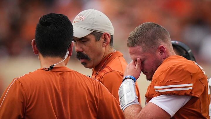 Sep 14, 2024; Austin, Texas, USA; Texas Longhorns quarterback Quinn Ewers (3) leaves a game against the UTSA Roadrunners early in the second quarter at Darrell K Royal–Texas Memorial Stadium. Mandatory Credit: Sara Diggins/USA TODAY Network via Imagn Images