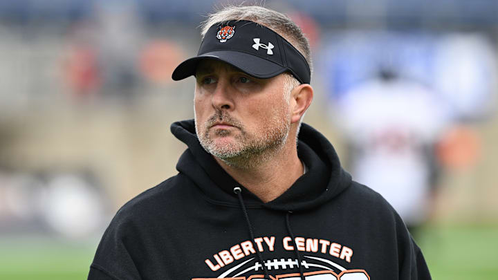 Liberty Center head coach Casey Mohler looks on as his Tigers play in the 2023 Division V state championship game at Tom Benson Hall of Fame Stadium. 