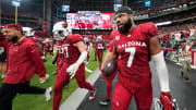 Arizona Cardinals linebacker Kyzir White (7) holds onto the ball after intercepting a Dallas Cowboys pass in the end zone in the second half at State Farm Stadium in Glendale on Sept. 24, 2023.