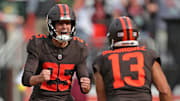 Cleveland Browns kicker Andre Szmyt (25) celebrates with punter Corey Bojorquez (13) after kicking the game-winning field goal in an NFL football game against the Green Bay Packers at Huntington Bank Field, Sept. 21, 2025, in Cleveland, Ohio.