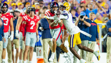 Cornerback PJ Woodland 11 breaks up a pass as the LSU Tigers take on the Ole Miss Rebels at Tiger Stadium in Baton Rouge, LA. Saturday, Oct. 12, 2024.Saturday, Oct. 12, 2024.