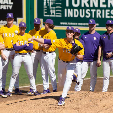 Tigers starting pitcher #34 Chase Shores on the mound as The LSU Tigers take on Central Connecticut State at Alex Box Stadium in Baton Rouge, La. Sunday, March 5, 2023.