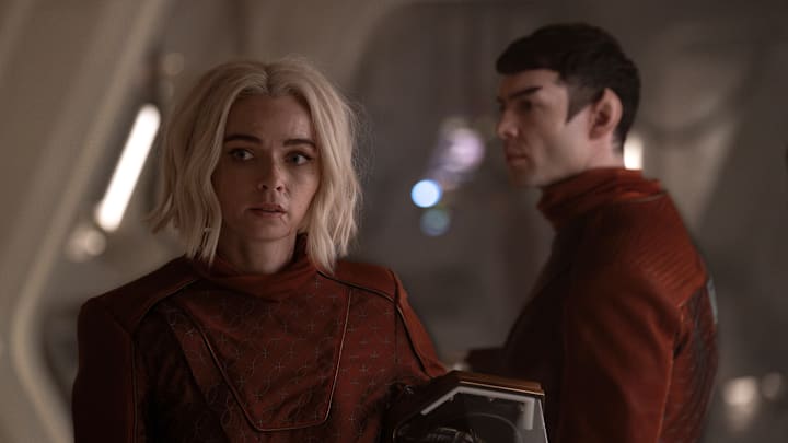 L to R Jess Bush as Chapel and Ethan Peck as Spock in season 3 , Episode 1 of Strange New Worlds streaming on Paramount+. Photo Credit: Marni GrossmanParamount+