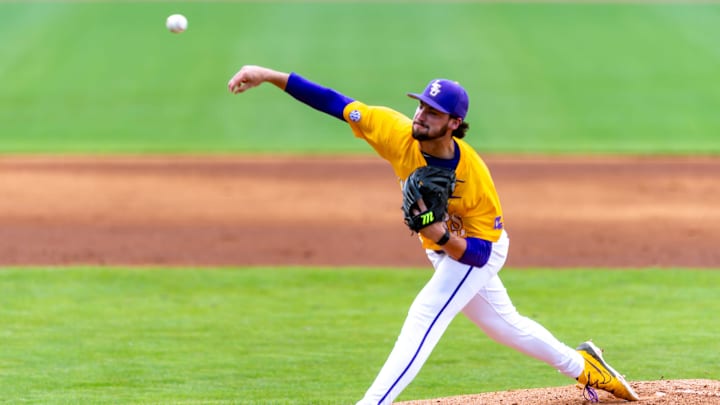 Tigers Pitcher Casan Evans 20, LSU Tigers take on the Arkansas Razorbacks. Sunday, May 11, 2025.