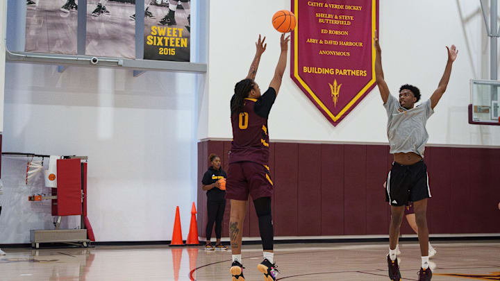 Gabby Elliott shoots as Arizona State University's women's basketball practices at Weatherup Center on Oct. 29, 2025, in Tempe.