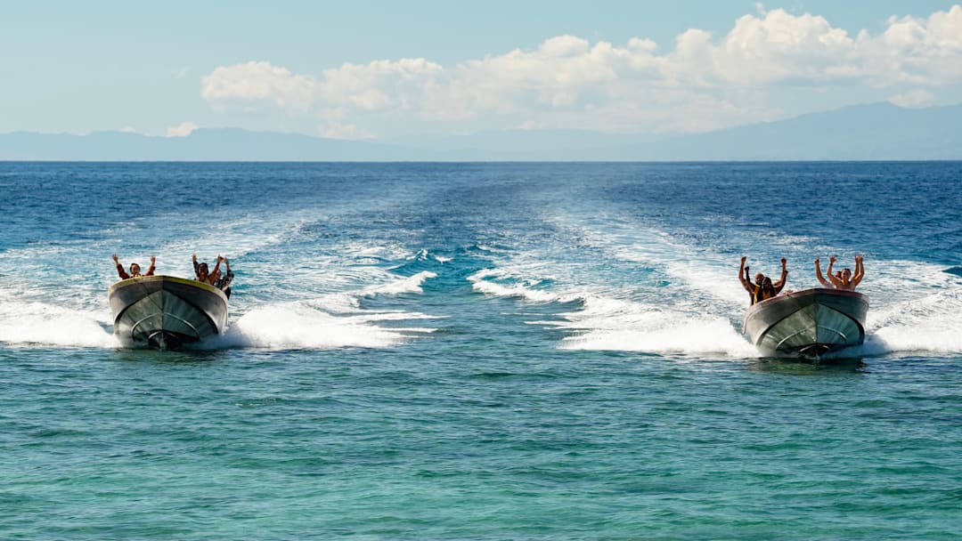 “Blood Will Be Drawn” – A boat arrives delivering a very important message to the overjoyed castaways. Old alliance members reconvene to talk strategy, as the game has shifted since they last saw each other. Then, the game intensifies when a two-part challenge leads to the season’s first individual immunity win, on SURVIVOR, Wednesday, Nov. 5. Pictured (L-R): The Hina, Kele, and Uli tribes merge. Photo: Robert Voets/CBS ©2025 CBS Broadcasting, Inc. All Rights Reserved.