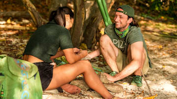 “Committing to the Bit” – Castaways must fly blind during the immunity challenge, leaving one tribe with tribal council in their sights. The rising tensions within the losing tribe culminate in a historic tribal council, on SURVIVOR, Wednesday, March 12 (8:00-9:30 PM, ET/PT) on the CBS Television Network, and available to stream on Paramount+*. Jeff Probst serves as host and executive producer. Pictured (L-R): Mary Zheng and Justin Pioppi. Photo: Robert Voets/CBS ©2024 CBS Broadcasting, Inc. All