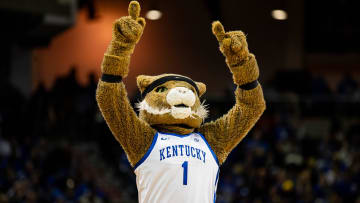 The Wildcats' mascot played to the crowd during Kentucky basketball's Blue-White scrimmage tipped off at Northern Kentucky University on Saturday, Oct. 21, 2023.