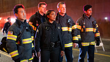KENNETH CHOI, OLIVER STARK, ANGELA BASSETT, PETER KRAUSE, AND ANIRUDH PISHARODY IN 911 SEASON 8