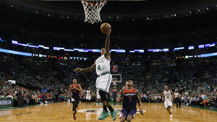 May 10, 2017; Boston, MA, USA; Boston Celtics guard Isaiah Thomas (4) drives to the basket against Washington Wizards guard Bradley Beal (3) during the first quarter in game five of the second round of the 2017 NBA Playoffs at TD Garden. Mandatory Credit: David Butler II-USA TODAY Sports