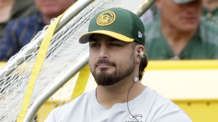 Sep 24, 2023; Green Bay, Wisconsin, USA; Green Bay Packers offensive tackle David Bakhtiari (69) against the New Orleans Saints at Lambeau Field.