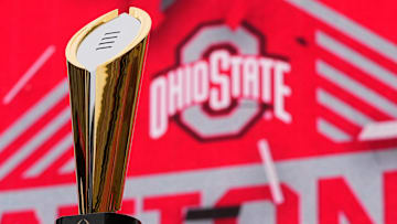 The championship trophy sits on the stage during the Ohio State Buckeyes College Football Playoff National Championship celebration at Ohio Stadium in Columbus on Jan. 26, 2025.