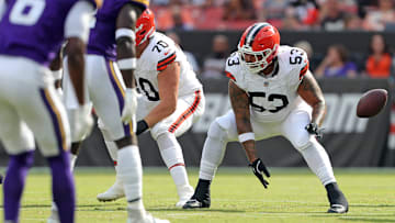 Cleveland Browns center Nick Harris (53) snaps the ball during the first half of an NFL preseason football game against the Minnesota Vikings at Cleveland Browns Stadium, Saturday, Aug. 17, 2024, in Cleveland, Ohio.