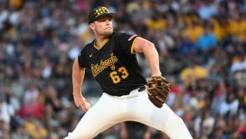 Aug 24, 2024; Pittsburgh, Pennsylvania, USA;  Pittsburgh Pirates pitcher Hunter Stratton (63) throws to the Cincinnati Reds at PNC Park. Mandatory Credit: Philip G. Pavely-USA TODAY Sports