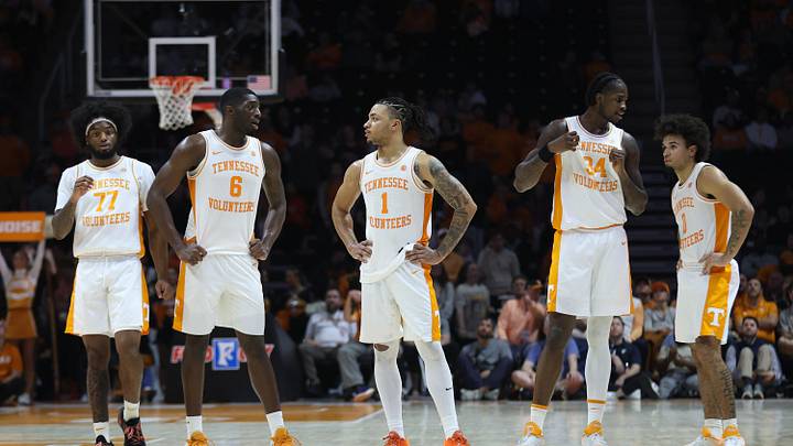 Jan 6, 2026; Knoxville, Tennessee, USA;  Tennessee Volunteers guard Amaree Abram (77) and forward Dewayne Brown II (6) and guard Amari Evans (1) and center Felix Okpara (34) and guard Ja'kobi Gillespie (0) during the second half against the Texas Longhorns at Thompson-Boling Arena at Food City Center. Mandatory Credit: Randy Sartin-Imagn Images