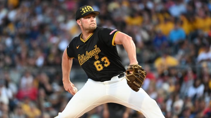 Aug 24, 2024; Pittsburgh, Pennsylvania, USA;  Pittsburgh Pirates pitcher Hunter Stratton (63) throws to the Cincinnati Reds at PNC Park. Mandatory Credit: Philip G. Pavely-USA TODAY Sports