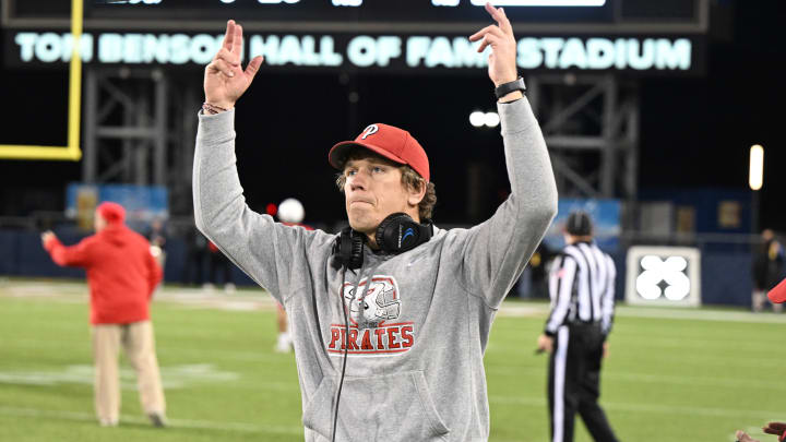 Perry head coach Bob Gecewich reacts to a play during the 2023 OHSAA Division V state championship game. Perry defeated Liberty Center 21-14 to win its first state title.