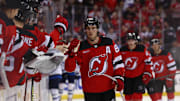 Mar 21, 2024; Newark, New Jersey, USA; New Jersey Devils center Jack Hughes (86) celebrates his goal against the Winnipeg Jets during the third period at Prudential Center. Mandatory Credit: Ed Mulholland-USA TODAY Sports
