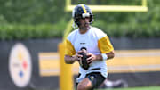 Jun 10, 2025; Pittsburgh, PA, USA;  Pittsburgh Steelers quarterback Aaron Rodgers (8) drops back to pass during minicamp at their South Side facility. Mandatory Credit: Philip G. Pavely-Imagn Images