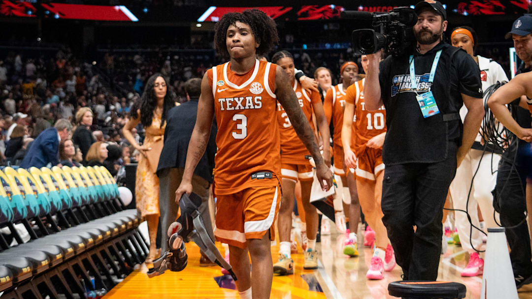 Texas Longhorns guard Rori Harmon (3) leaves the court after the Longhorns' loss to the South Carolina Gamecocks in the NCAA Playoff semi-final game at Amalie Arena in Tampa, Florida, April 4, 2025.