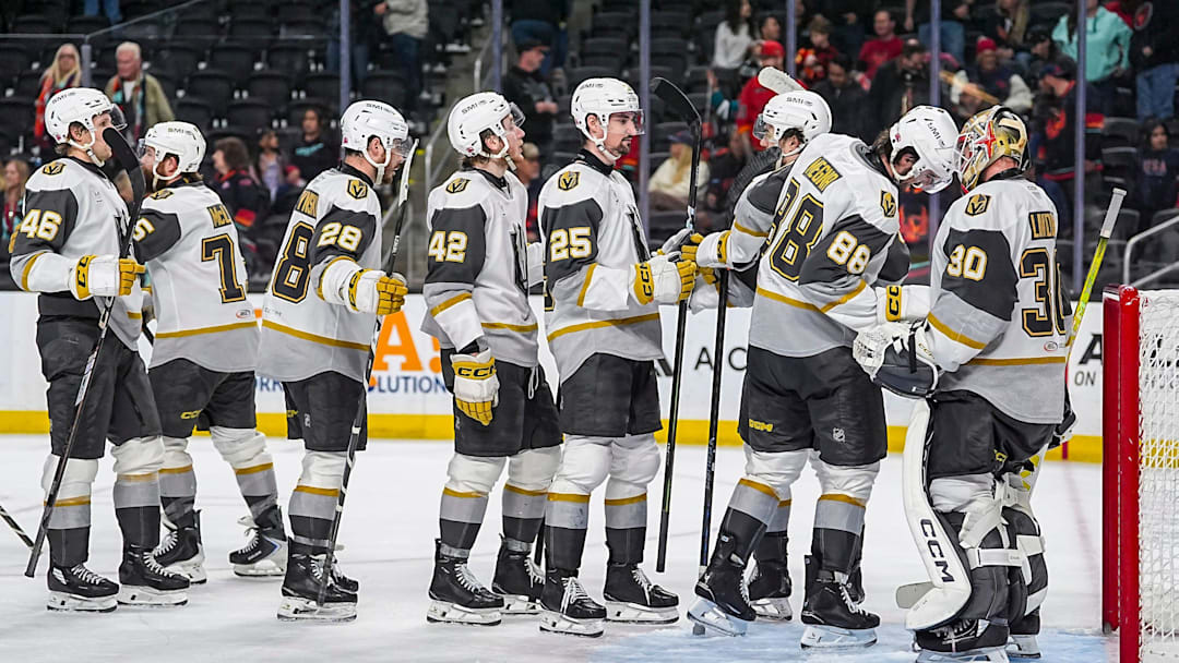 Henderson Silver Knights players line up to celebrate a win with goalie Carl Lindbom after their game at Acrisure Arena in Palm Desert, Calif., Wednesday, April 8, 2026.