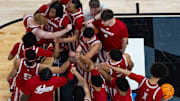 The Indiana Hoosiers huddle Thursday, March 13, 2025, before their game against the Oregon Ducks in the 2025 TIAA Big Ten Men’s Basketball Tournament at Gainbridge Fieldhouse in Indianapolis.