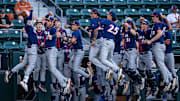 UTSA celebrate after scoring the first run of the game against the Texas Longhorns, March 18, 2025 at UFCU Disch-Falk Field in Austin.