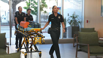 9-1-1 LONE STAR: L-R: Brianna Baker, Ronen Rubinstein, and Gina Torres in the "My Way" episode of 9-1-1 LONE STAR airing Monday, Oct 14 (8:00-9:02 PM ET/PT) on FOX. © 2024 Fox Media LLC.CR: Kevin Estrada/FOX.