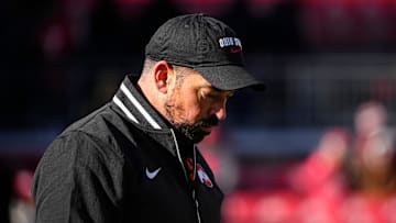 Ohio State Buckeyes head coach Ryan Day watches warm ups prior to the NCAA football game against the Michigan Wolverines at Ohio Stadium in Columbus on Tuesday, Dec. 3, 2024. Michigan won 13-10.