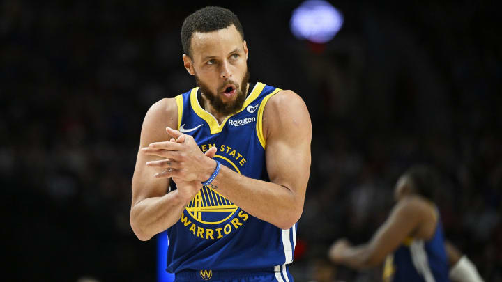 Apr 11, 2024; Portland, Oregon, USA; Golden State Warriors guard Stephen Curry (30) claps his hands in celebration during the second half against the Portland Trail Blazers at Moda Center.