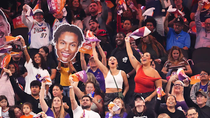 Phoenix Mercury fans cheer in the first half during Game 3 of WNBA semifinals at PHX Arena on Sept. 26, 2025. Phoenix Mercury fans cheer in the first half during Game 3 of WNBA semifinals at PHX Arena on Sept. 26, 2025.