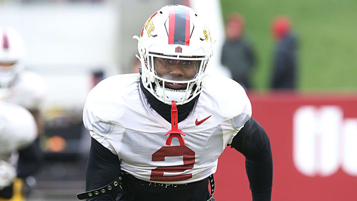 Iowa State Cyclones' defensive back T.J. Tampa (2) warms up during the university's Spring Football game at Jack Trice Stadium Saturday, April 22, 2023, in Ames, Iowa