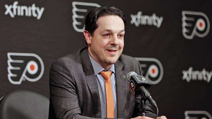 PHILADELPHIA, PENNSYLVANIA - MARCH 27: General Manager Daniel Briere of the Philadelphia Flyers addresses the media regarding the firing of Head Coach John Tortorella prior to an NHL game against the Montreal Canadiens at the Wells Fargo Center on March 27, 2025 in Philadelphia, Pennsylvania. (Photo by Len Redkoles/NHLI via Getty Images)