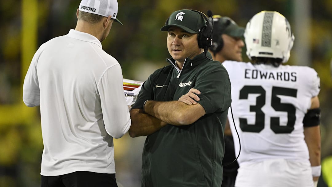 Oct 4, 2024; Eugene, Oregon, USA; Michigan State Spartans head coach Jonathan Smith during the second half in a game against the Oregon Ducks at Autzen Stadium. Mandatory Credit: Troy Wayrynen-Imagn Images