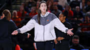 Indiana Fever guard Caitlin Clark reacts to a call in the second half against the Washington Mystics.