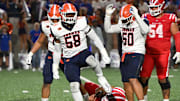 Bishop Gorman defensive tackle James Carrington celebrates after sacking Mater Dei quarterback Ashton Beierly.