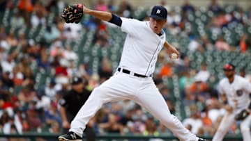 Sep 15, 2016; Detroit, MI, USA; Detroit Tigers relief pitcher Joe Mantiply (46) pitches in the ninth inning against the Minnesota Twins at Comerica Park.