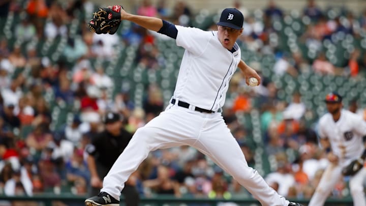 Sep 15, 2016; Detroit, MI, USA; Detroit Tigers relief pitcher Joe Mantiply (46) pitches in the ninth inning against the Minnesota Twins at Comerica Park.