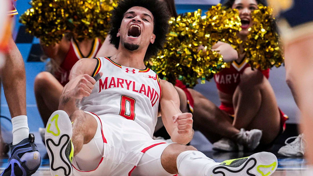 Maryland Terrapins guard Ja'Kobi Gillespie (0) celebrates after scoring Saturday, March 15, 2025, in a semifinals game at the 2025 TIAA Big Ten Men’s Basketball Tournament between the Michigan Wolverines and the Maryland Terrapins at Gainbridge Fieldhouse in Indianapolis. The Michigan Wolverines defeated the Maryland Terrapins, 81-80.