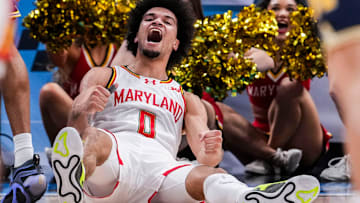 Maryland Terrapins guard Ja'Kobi Gillespie (0) celebrates after scoring Saturday, March 15, 2025, in a semifinals game at the 2025 TIAA Big Ten Men’s Basketball Tournament between the Michigan Wolverines and the Maryland Terrapins at Gainbridge Fieldhouse in Indianapolis. The Michigan Wolverines defeated the Maryland Terrapins, 81-80.