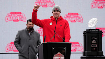 Ohio State Buckeyes quarterback Will Howard speaks during the Ohio State Buckeyes College Football Playoff National Championship celebration at Ohio Stadium in Columbus on Jan. 26, 2025.