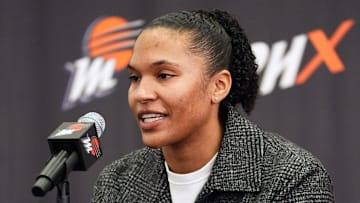 New Phoenix Mercury forward Alyssa Thomas is introduced at a news conference at the Phoenix Mercury's practice facility on Feb. 25, 2025.